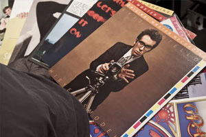 Stack of records including Elvis Costello