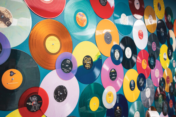 Wall of colored vinyl records